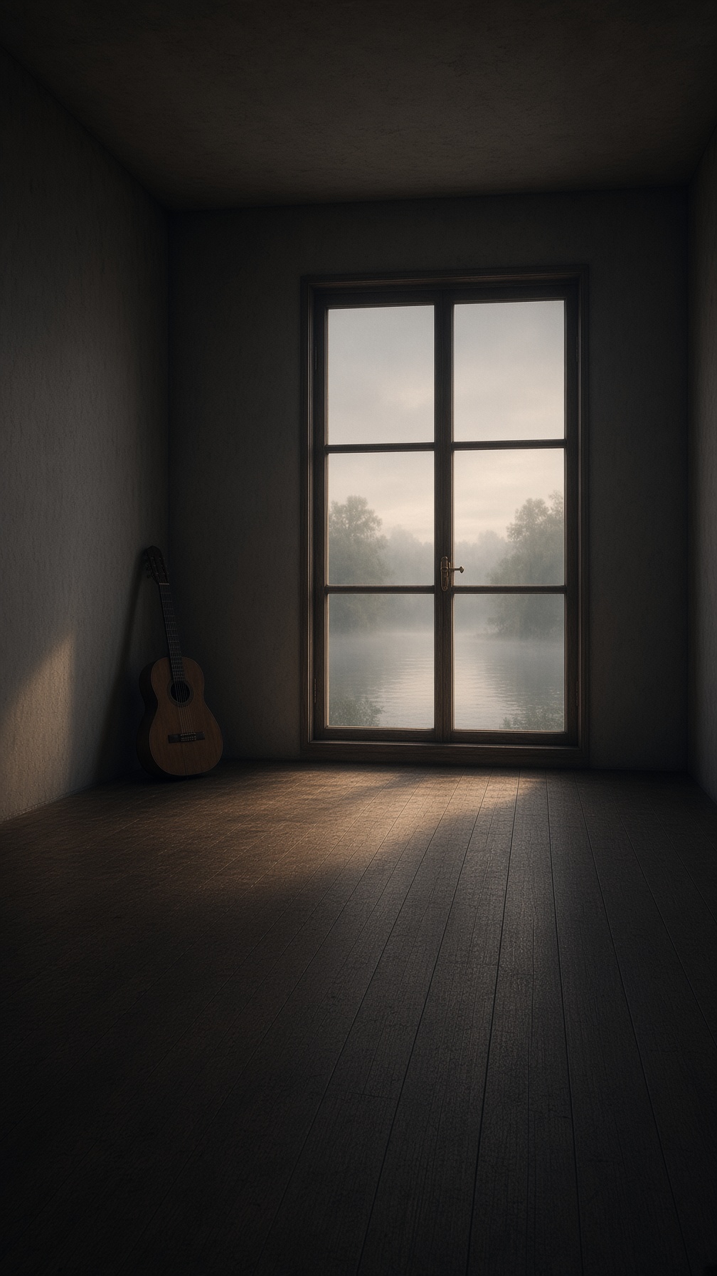 A still room at dusk. A window looks onto water and pale fog.